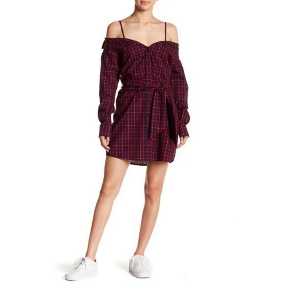 Fate Plaid Cold Shoulder Shirt Dress - Picture 1 of 2